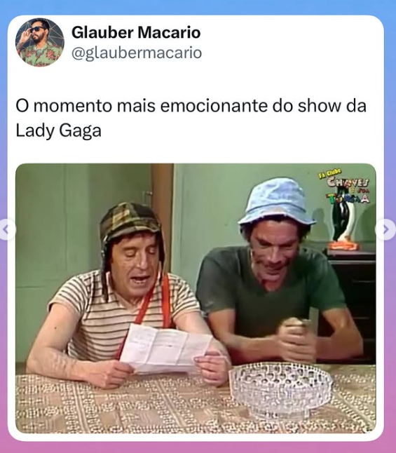 Show de Lady Gaga em Copacabana rende 'chuva' de memes nas redes sociais; confira 10 Show de Lady Gaga em Copacabana rende 'chuva' de memes nas redes sociais; confira