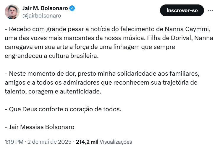 Irmão de Nana Caymmi repudia uso do nome da cantora por apoiadores de Bolsonaro 2 Irmão de Nana Caymmi repudia uso do nome da cantora por apoiadores de Bolsonaro