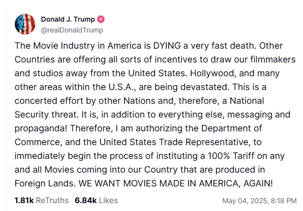 Trump anuncia tarifa de 100% para todos os filmes estrangeiros 2 Trump anuncia tarifa de 100% para todos os filmes estrangeiros