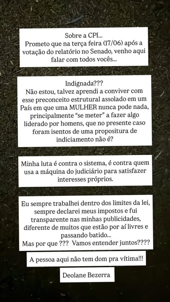 Deolane Bezerra reclama sobre pedido de indiciamento em CPI das Bets 2 Deolane Bezerra reclama sobre pedido de indiciamento em CPI das Bets