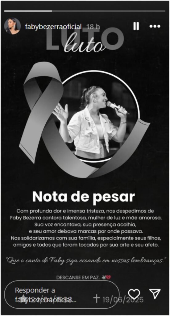 Cantora de forró Faby Bezerra morre aos 36 anos, em Fortaleza 2 Cantora de forró Faby Bezerra morre aos 36 anos, em Fortaleza