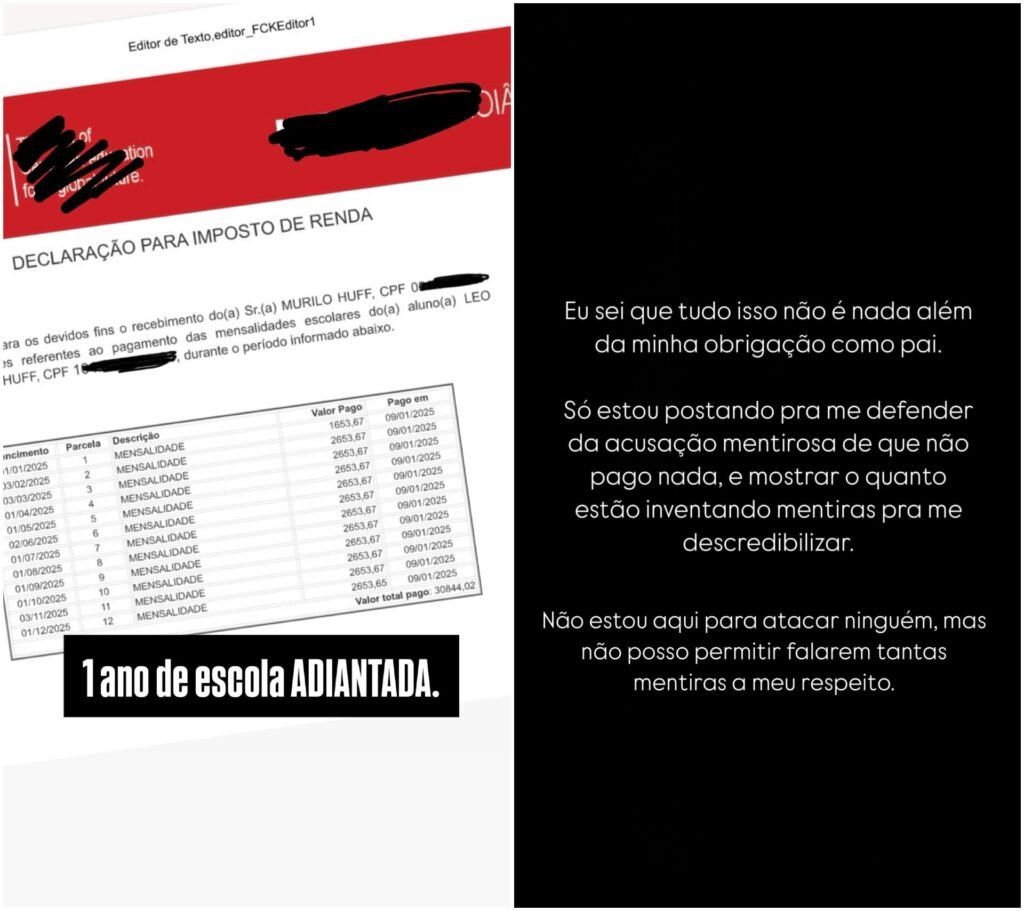 Murilo Huff rebate Dona Ruth e expõe custo com filho superior a R$ 15 mil por mês 4 Murilo Huff rebate Dona Ruth e expõe custo com filho superior a R$ 15 mil por mês