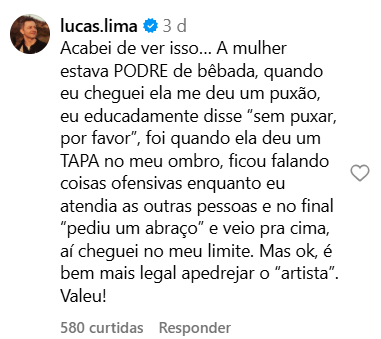 Lucas Lima se defende de vídeo polêmico em que evita beijo de fã: 'Estava bêbada' 2 Lucas Lima se defende de vídeo polêmico em que evita beijo de fã: 'Estava bêbada'