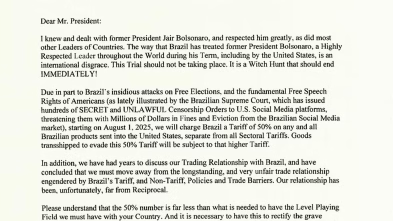 Defesa de Bolsonaro e ataques ao STF: leia carta de Trump a Lula