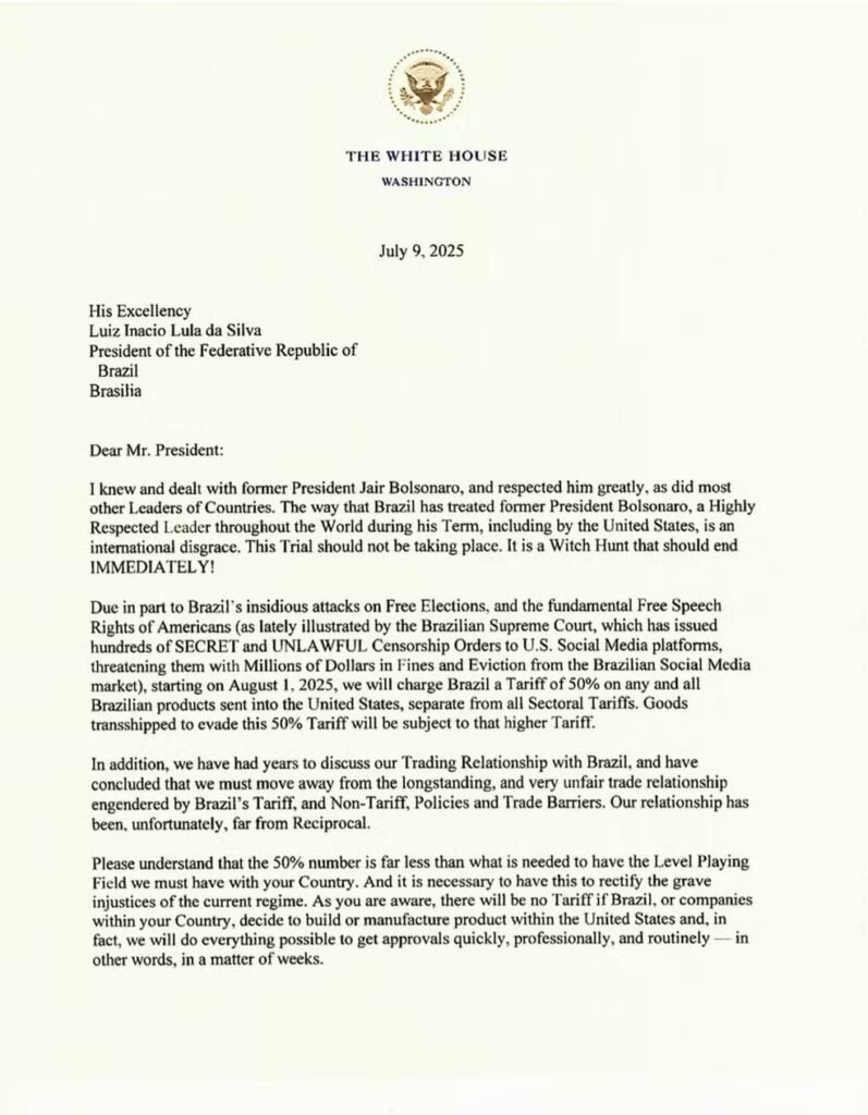 Defesa de Bolsonaro e ataques ao STF: leia carta de Trump a Lula 2 Defesa de Bolsonaro e ataques ao STF: leia carta de Trump a Lula