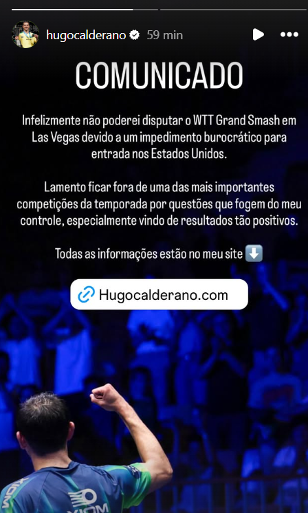 Calderano é impedido de entrar nos EUA e não disputará o WTT Grand Smash em Las Vegas 2 Calderano é impedido de entrar nos EUA e não disputará o WTT Grand Smash em Las Vegas