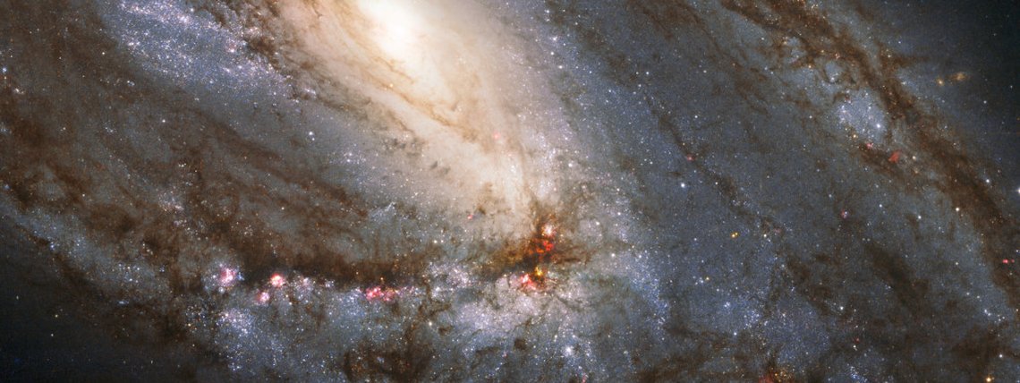 A galáxia espiral Messier 66 fica a apenas 35 milhões de anos-luz de distância, na direção da Constelação de Leão. Ela tem cerca de 100 mil anos-luz de diâmetro, semelhante em tamanho à Via Láctea. Esta imagem do Telescópio Espacial Hubble abrange uma região com cerca de 30 mil anos-luz de largura ao redor do núcleo galáctico. Em volta de seu núcleo brilhante, o provável lar de um buraco negro supermassivo, faixas de poeira escura e jovens aglomerados estelares azuis se estendem ao longo de braços espirais pontilhados com regiões rosadas de formação estelar. Messier 66, também conhecida como NGC 3627, é a mais brilhante das três galáxias do Trio de Leão, que interage gravitacionalmente