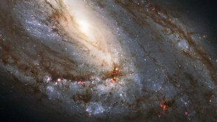 A galáxia espiral Messier 66 fica a apenas 35 milhões de anos-luz de distância, na direção da Constelação de Leão. Ela tem cerca de 100 mil anos-luz de diâmetro, semelhante em tamanho à Via Láctea. Esta imagem do Telescópio Espacial Hubble abrange uma região com cerca de 30 mil anos-luz de largura ao redor do núcleo galáctico. Em volta de seu núcleo brilhante, o provável lar de um buraco negro supermassivo, faixas de poeira escura e jovens aglomerados estelares azuis se estendem ao longo de braços espirais pontilhados com regiões rosadas de formação estelar. Messier 66, também conhecida como NGC 3627, é a mais brilhante das três galáxias do Trio de Leão, que interage gravitacionalmente