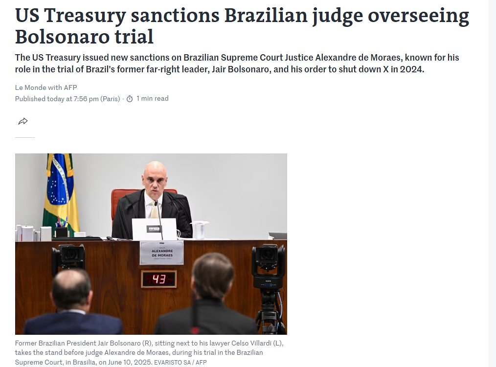 Imprensa mundial repercute aplicação de Lei Magnitsky contra Moraes; veja