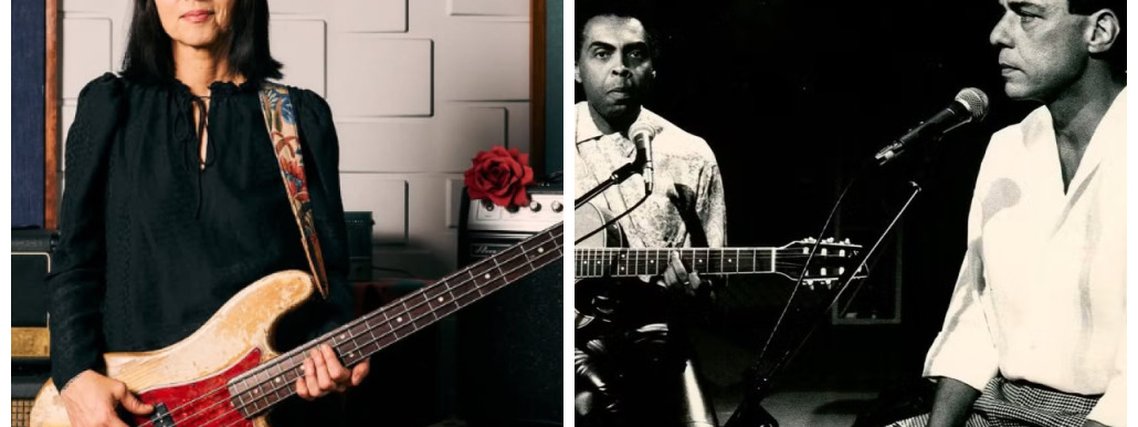 Montagem com fotos da ex-baixista da banda Pixies, Paz Lenchantin é acusada de plágio, e dos músicos Chico Buarque e Gilberto Gil