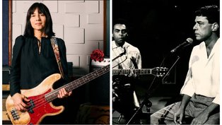 Montagem com fotos da ex-baixista da banda Pixies, Paz Lenchantin é acusada de plágio, e dos músicos Chico Buarque e Gilberto Gil