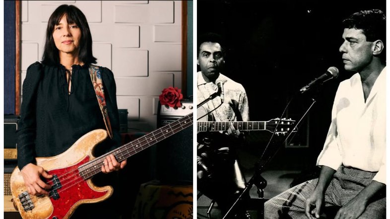 Montagem com fotos da ex-baixista da banda Pixies, Paz Lenchantin é acusada de plágio, e dos músicos Chico Buarque e Gilberto Gil