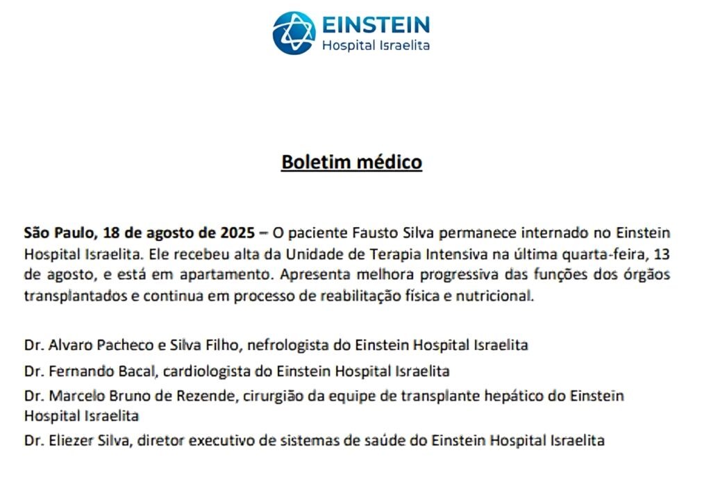 Faustão recebe alta da UTI, mas segue internado no hospital, informa novo boletim