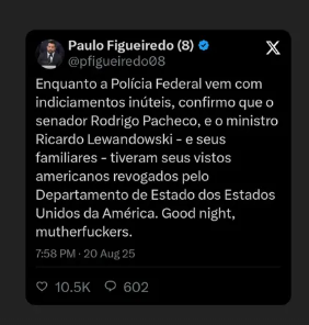 Paulo Figueiredo diz que EUA revogaram vistos de Lewandowski e Pacheco; ambos negam