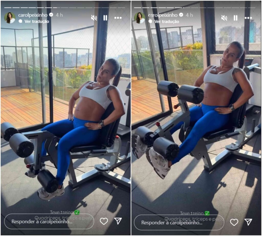Carol Peixinho exibe barrigão de 7 meses de grávida na academia: ‘Teve treino’