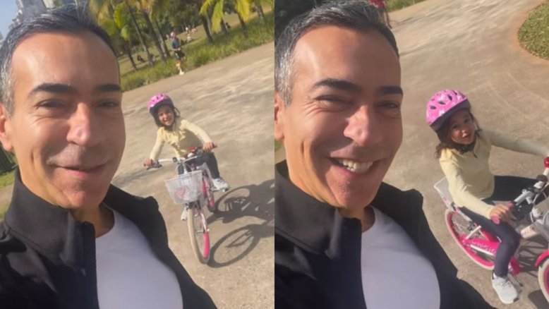 César Tralli ensina filha a andar de bicicleta