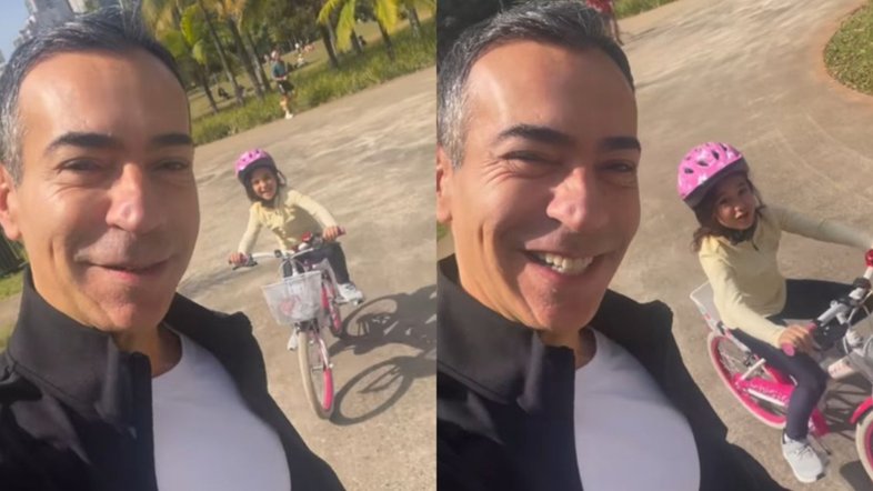 César Tralli ensina filha a andar de bicicleta