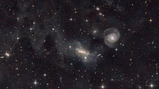 Nesta imagem, vê-se as galáxias do grupo NGC 7771. A cerca de 200 milhões de anos-luz de distância, em direção à Constelação do Pégaso, NGC 7771 é a grande espiral de perfil, próxima ao centro. Com cerca de 75 mil anos-luz de diâmetro, ela tem duas galáxias menores, abaixo dela. A grande espiral NGC 7769 aparece de frente, à direita. Galáxias do grupo NGC 7771 estão interagindo, fazendo repetidas passagens próximas que, em última análise, resultarão em fusões entre galáxias. As interações podem ser rastreadas por distorções na forma das galáxias e fluxos de estrelas criados por suas marés gravitacionais mútuas