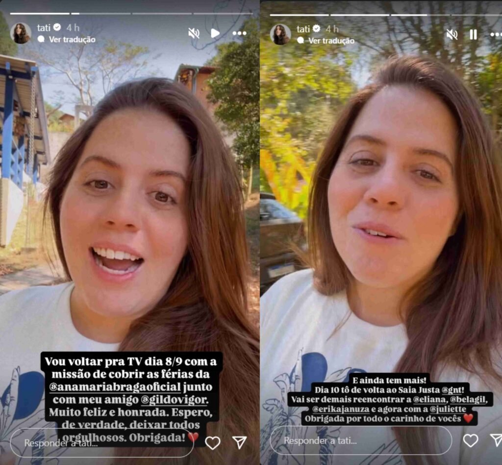 Tati Machado celebra retorno à TV como apresentadora: ‘Quentinho no coração' 2 Tati Machado celebra retorno à TV como apresentadora: ‘Quentinho no coração'