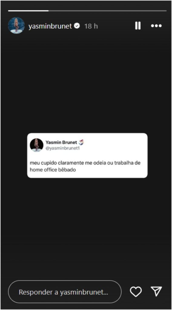 Yasmin Brunet lamenta 'falta de sorte' no amor: 'Meu cupido me odeia’
