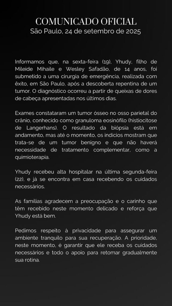 Granuloma eosinófilo: entenda o que levou à internação do filho de Wesley Safadão