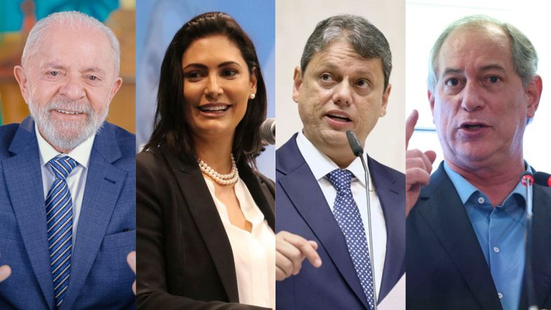 O presidente Lula (PT), a ex-primeira-dama Michelle Bolsonaro (PL), o governador Tarcísio de Freitas (Republicanos) e o ex-ministro Ciro Gomes (de saída do PDT)