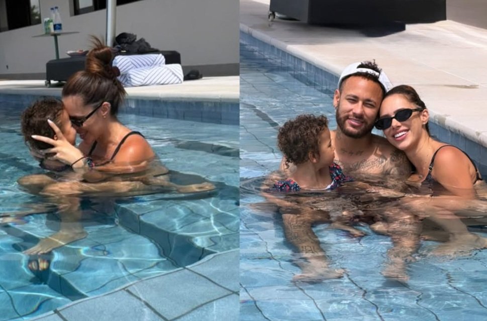 Sem crise? Bruna Biancardi curte domingo na piscina com Neymar e as filhas
