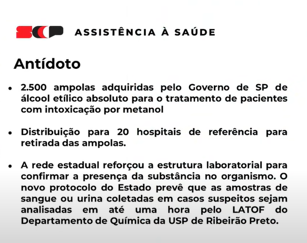 Governo de SP anuncia medidas de combate ao surto de intoxicações por metanol