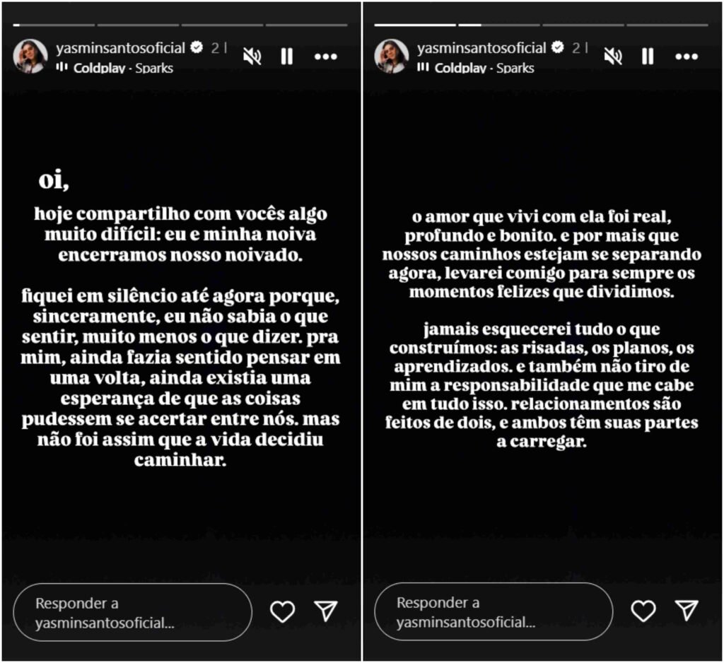 Yasmin Santos anuncia fim de noivado com Maria Venture, após crise no relacionamento
