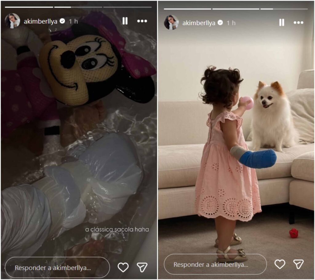 Filha de Neymar, Helena surge com curativo no braço brincando com cachorro