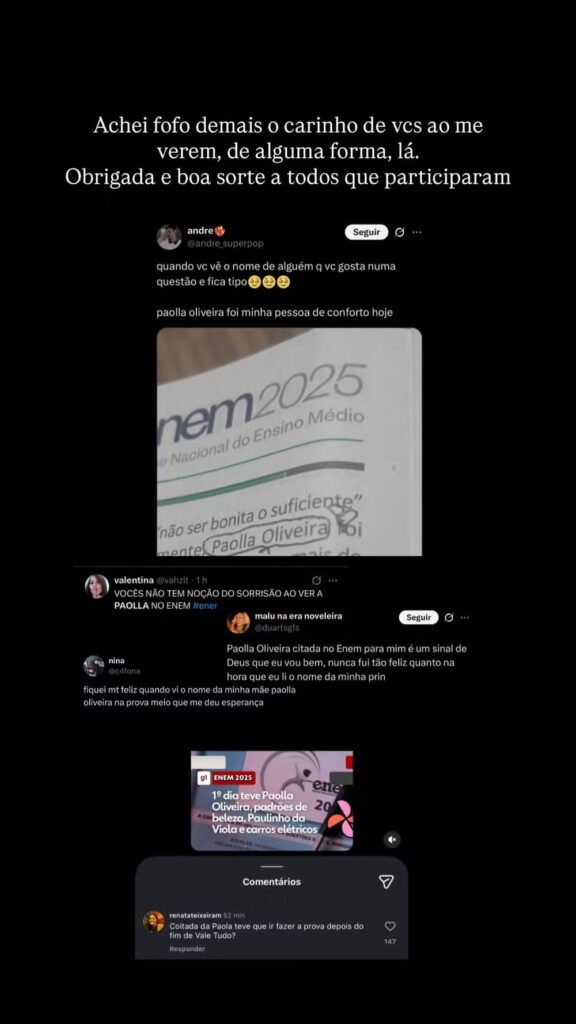'Foi o máximo ser citada!', diz Paolla Oliveira sobre questão do Enem 2025