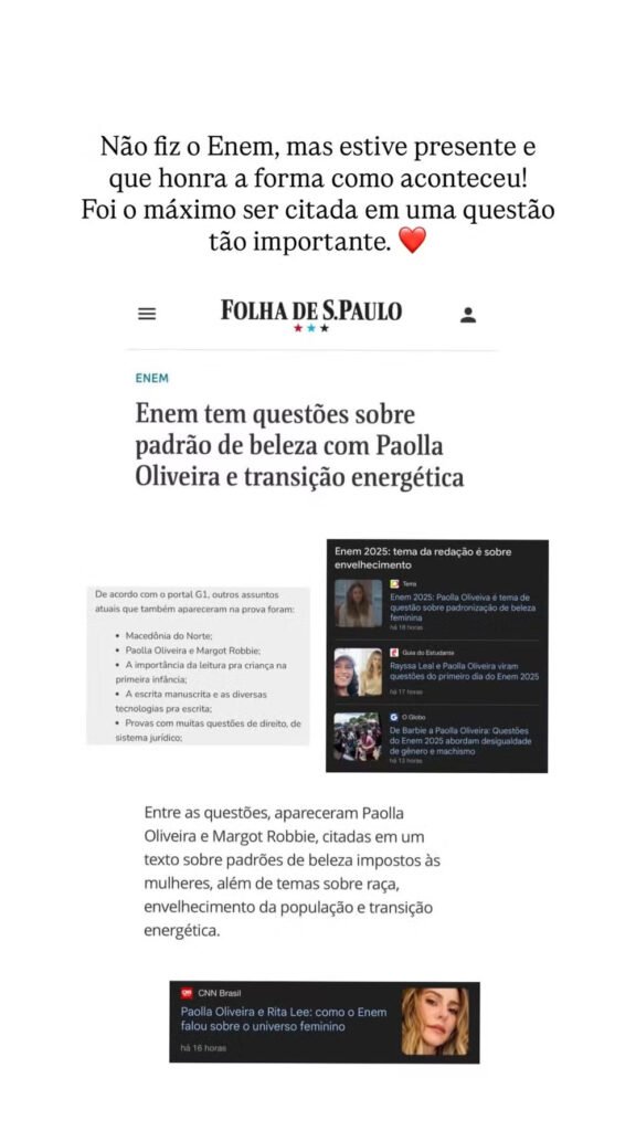 'Foi o máximo ser citada!', diz Paolla Oliveira sobre questão do Enem 2025