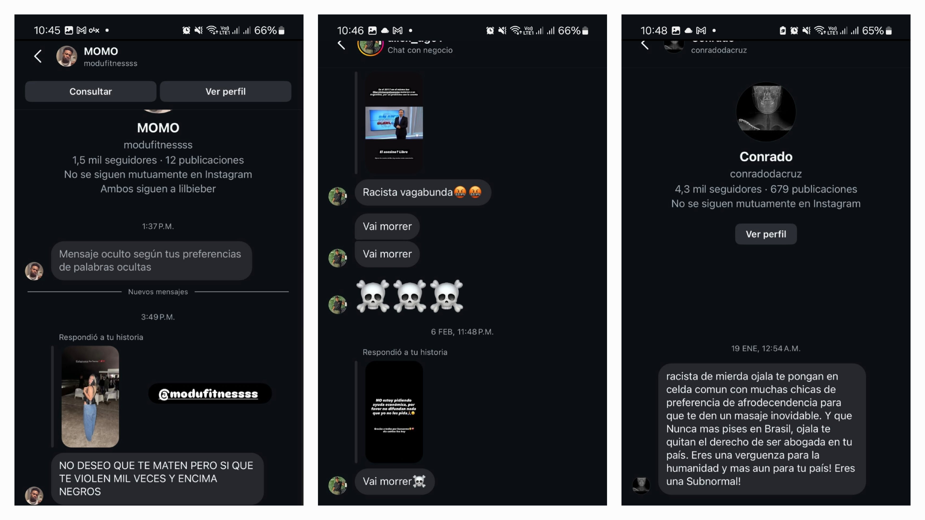 Algumas das mensagens ameaçadoras recebidas por Agostina Paez, advogada argentina acusada de racismo no Brasil