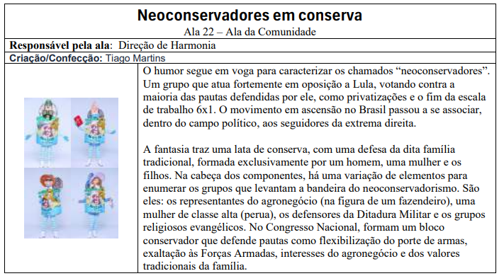 Roteiro da ala 'Neoconservadores em conserva', apresentada pela escola Acadêmicos de Niterói no desfile que homenageou Lula