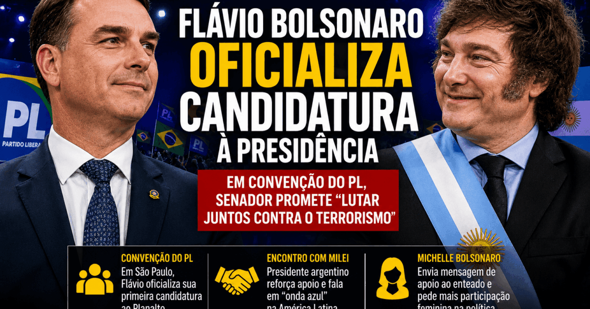 Flávio Bolsonaro é candidato à Presidência; encontra Milei em SP