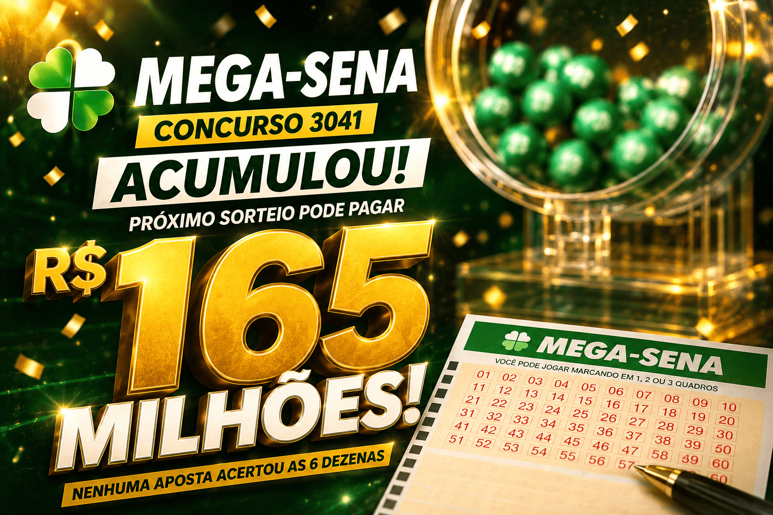 Imagem ilustrativa sobre Mega-Sena 3041 acumula e prêmio astronômico de R$ 165 milhões agita o Brasil: ‘Quem será o próximo milionário?’