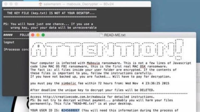 Macs não estão imunes ao ransomware; na imagem, um exemplo de ataque do ransomware Mabouia ao sistema operacional da Apple