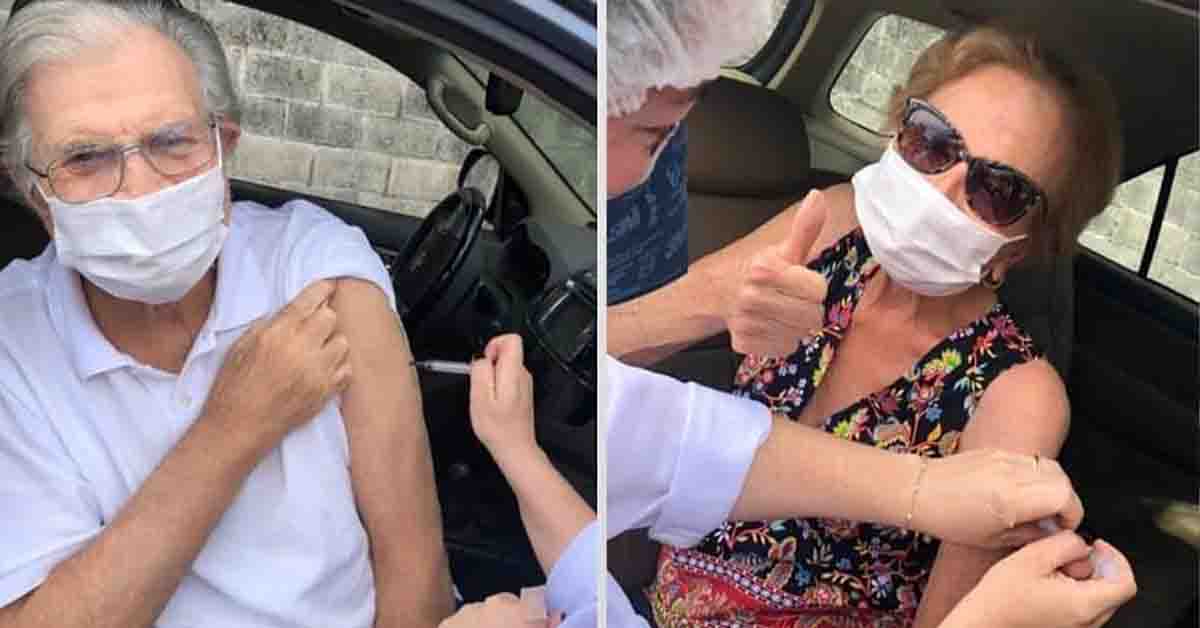 Tarcísio Meira e Glória Menezes recebem segunda dose da vacina contra a Covid-19. Foto: Reprodução/Instagram