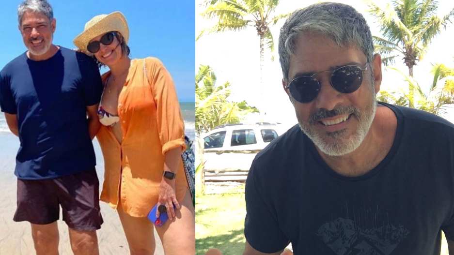 William Bonner posa para fotos com a mulher em praia de Prado, no sul da Bahia