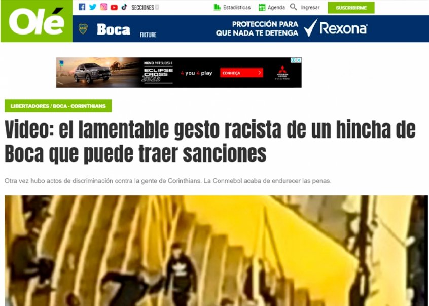 Diário argentino lamenta gesto racista em Boca x Corinthians e prevê sanções a clube portenho
